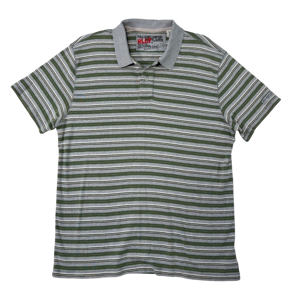 Polo Jeans Company Ralph Lauren Striped Polo Shirt Gray Green Mens Y2K Sz XL